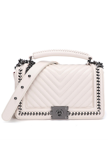 Ingrid Vegan Leather V Shape Medium Chain Bag White Ingrid Vegan Leather V Shape Medium Chain Bag White