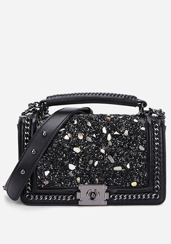 Ingrid Vegan Leather Stone Medium Chain Bag Black White Ingrid Vegan Leather Stone Medium Chain Bag Black White