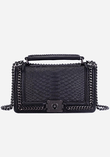 Ingrid Vegan Leather Snake Medium Chain Bag Black