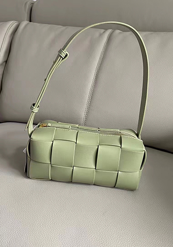 Mia Woven Smooth Leather Medium Shoulder Bag Stone Green