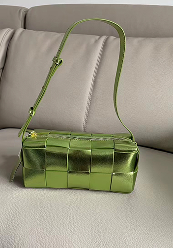 Mia Woven Smooth Leather Medium Shoulder Bag Shining Green
