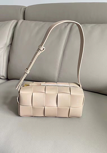 Mia Woven Smooth Leather Medium Shoulder Bag Milk Tea