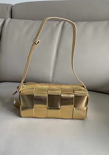 Mia Woven Smooth Leather Medium Shoulder Bag Gold