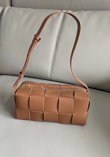 Mia Woven Smooth Leather Medium Shoulder Bag Camel