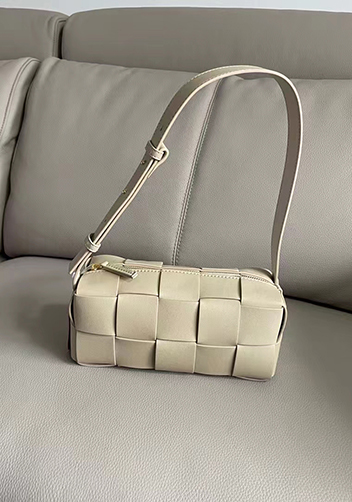 Mia Woven Smooth Leather Medium Shoulder Bag Beige