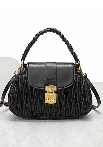 Nina Pleated Leather Top Handle Shoulder Medium Bag Black