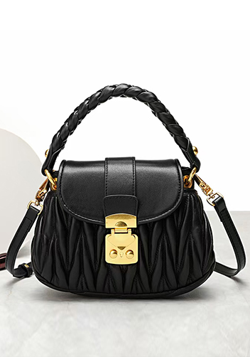 Nina Pleated Leather Top Handle Shoulder Small Bag Black Nina Pleated Leather Top Handle Shoulder Small Bag Black