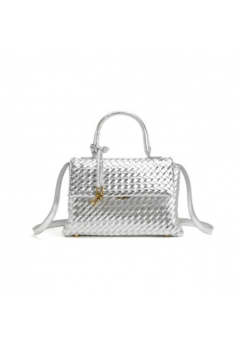 Gabrielle Woven Vegan Leather Shoulder Bag Silver