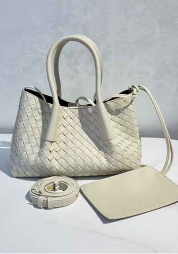 Mia Gallery Woven Leather Shoulder Small Bag Cream