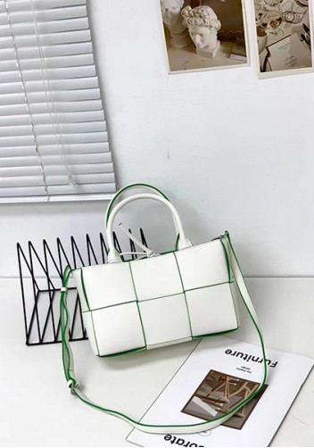 Mia Woven Leather 6 Squares Mini Tote White Green