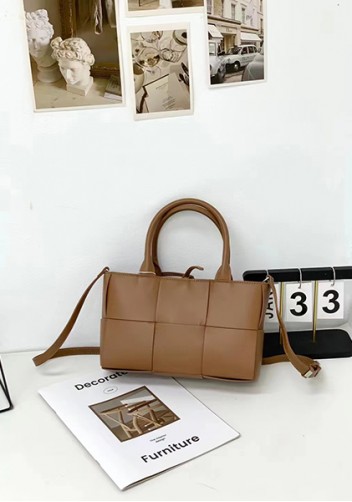 Mia Woven Leather 6 Squares Mini Tote Camel