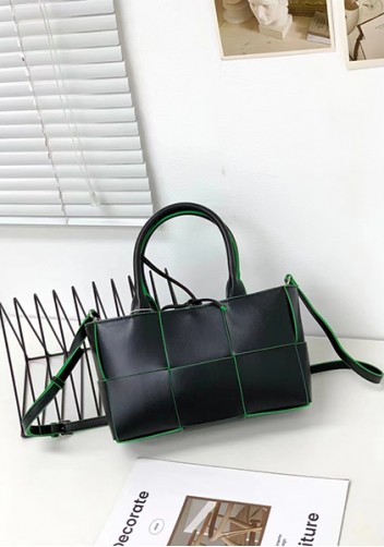 Mia Woven Leather 6 Squares Mini Tote Black Green