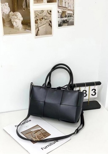 Mia Woven Leather 6 Squares Mini Tote Black