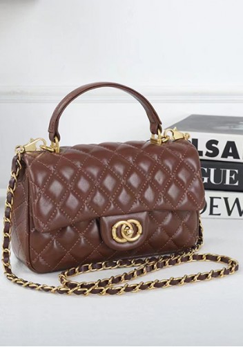 Adele Flap Chain Top Handle Leather Shoulder Bag Brown