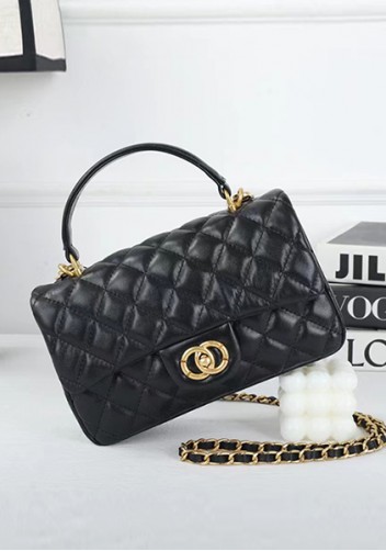 Adele Flap Chain Top Handle Leather Shoulder Bag Black