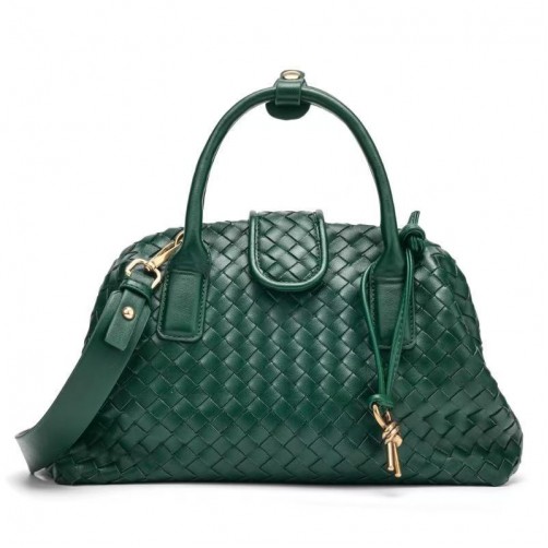 Georgia Woven Vegan Leather Shoulder Bag Dark Green