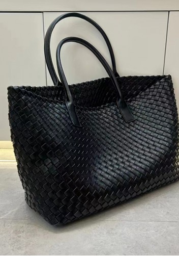 Grand Boulevard Woven Large Leather Tote Black