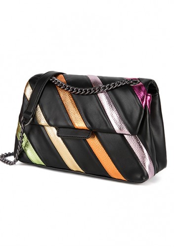 Adele Rainbow Flap Medium Bag Faux Leather Strips Black