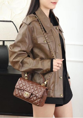 Adele Flap Chain Top Handle Leather Shoulder Bag Brown