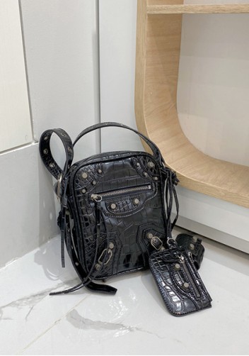 The Route 66 Vegan Croc Leather Vertical Messenger Bag Black