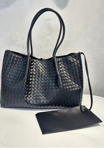 Mia Gallery Woven Leather Shoulder Large Bag Black