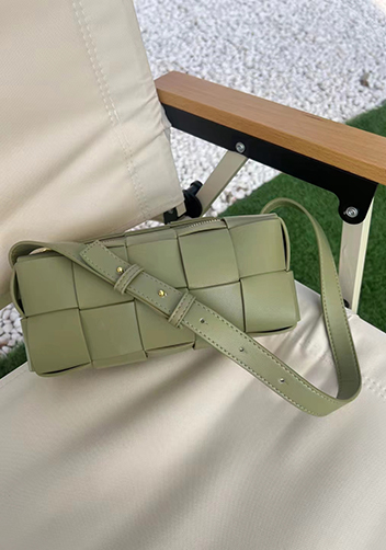 Mia Woven Smooth Leather Medium Shoulder Bag Stone Green