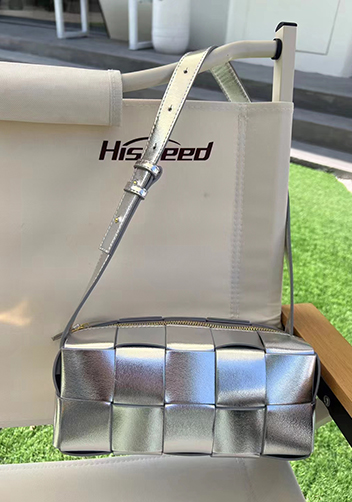 Mia Woven Smooth Leather Medium Shoulder Bag Silver