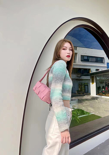 Mia Woven Smooth Leather Medium Shoulder Bag Pink