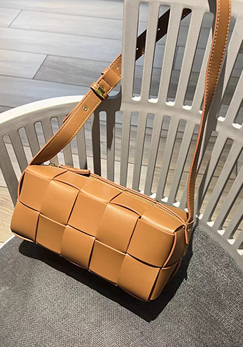 Mia Woven Smooth Leather Medium Shoulder Bag Camel