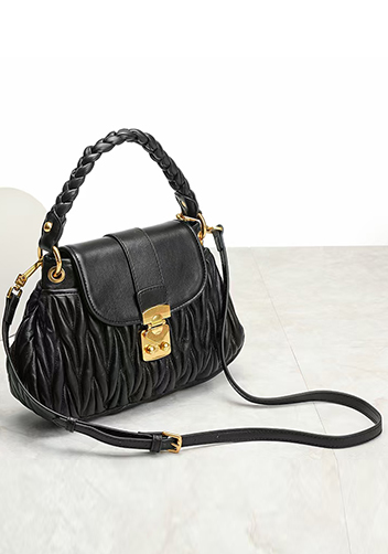 Nina Pleated Leather Top Handle Shoulder Medium Bag Black